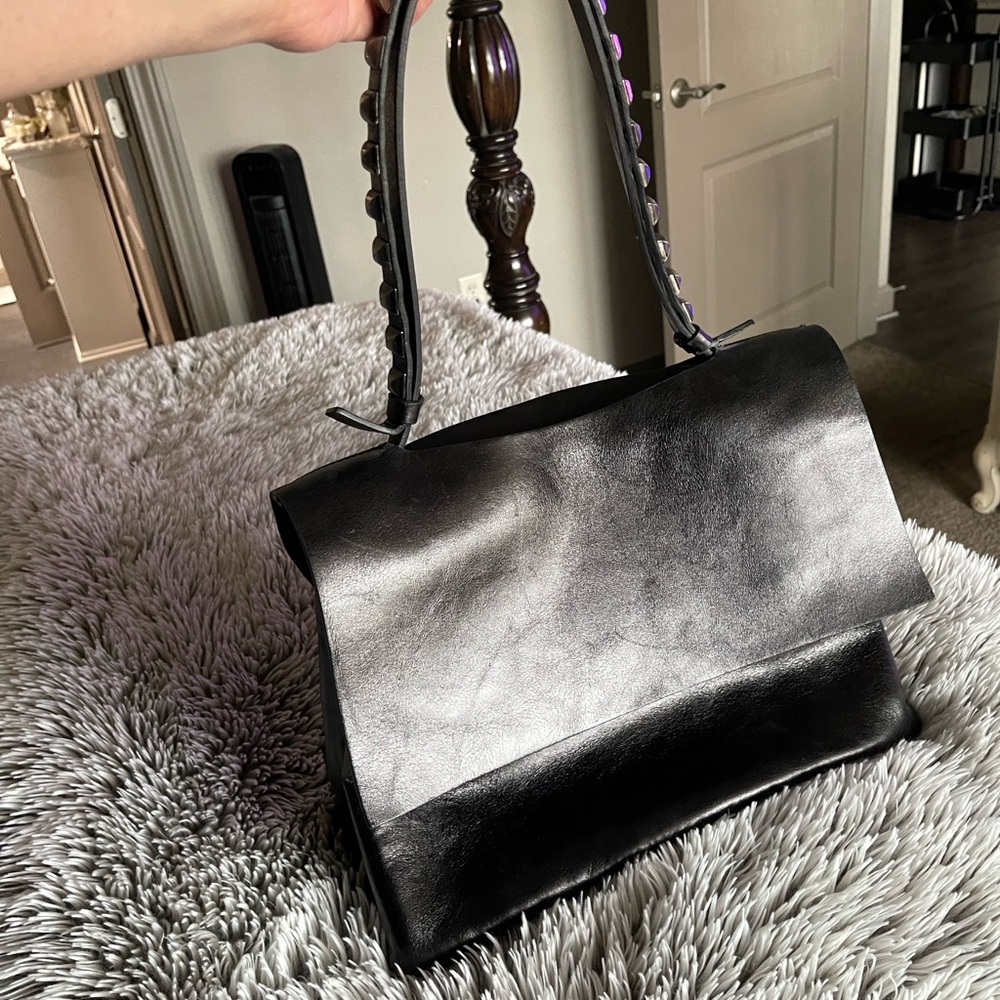 Elegant Black Genuine Thick Leather Shoulder Bag With Blue Suede Interior